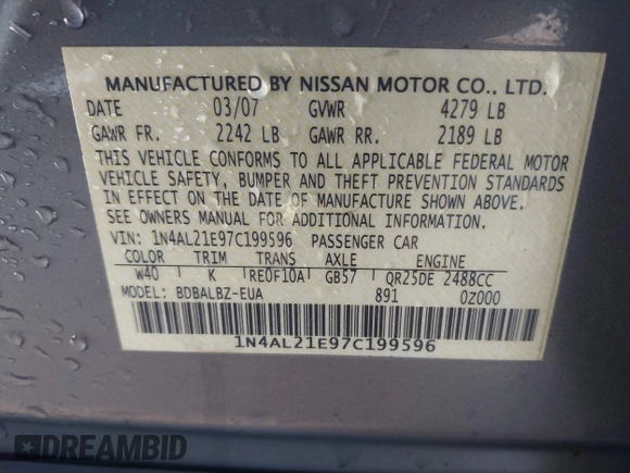 2007 Nissan Altima S with VIN 1N4AL21E97C199596, listed as a IAAI auction lot 41880234 with 170,155 mi miles and . Bid and sale history available at DreamBid. Image 9.