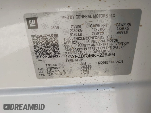 2019 Cadillac XT4 AWD Premium Luxury with VIN 1GYFZDR46KF228494, listed as a IAAI auction lot 42287297 with Not provided miles and . Bid and sale history available at DreamBid. Image 9.
