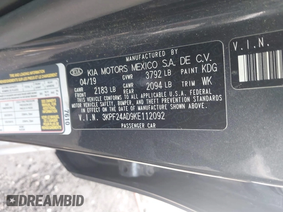 2019 Kia Forte LXS with VIN 3KPF24AD9KE112092, listed as a IAAI auction lot 41795486 with 77,603 mi miles and . Bid and sale history available at carsss.com. Image 9.
