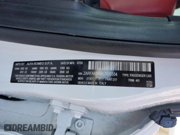 2020 Alfa Romeo Giulia Ti Sport z VIN ZARFAMBN4L7635554, wystawiony jako Copart lot #47129825 z przebiegiem 46 324 mil mil oraz Szkoda całkowita • Salvage title. Historia ofert i sprzedaży dostępna na DreamBid. Obrazek 13.