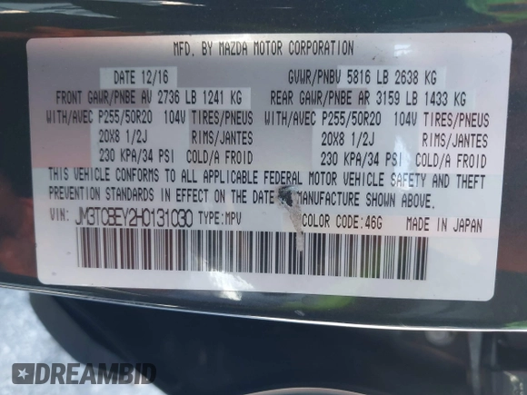 2017 Mazda CX-9 Signature z VIN JM3TCBEY2H0131030, wystawiony jako IAAI lot #41644367 z przebiegiem 193 231 mil mil oraz . Historia ofert i sprzedaży dostępna na DreamBid. Obrazek 9.