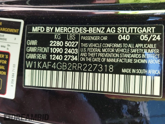 2024 Mercedes-Benz C 300 with VIN W1KAF4GB2RR227318, listed as a IAAI auction lot 41409938 with Not Provided miles and . Bid and sale history available at DreamBid. Image 9.