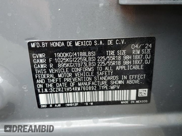 2024 Honda HR-V Sport z VIN 3CZRZ1H54RM760892, wystawiony jako Copart lot #54936985 z przebiegiem 20 220 mil mil oraz Szkoda całkowita • Salvage title. Historia ofert i sprzedaży dostępna na DreamBid. Obrazek 13.