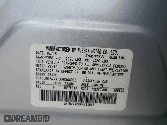 2015 Infiniti Q50 Premium with VIN JN1BV7APXFM344065, listed as a Copart auction lot 61859345 with 39,145 mi miles and Salvage title. Bid and sale history available at DreamBid. Image 13.