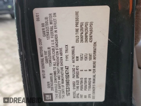 2001 GMC Sonoma SLS 1SG z VIN 1GTCS19W318247147, wystawiony jako Copart lot #83135464 z przebiegiem 292 056 mil mil oraz Szkody całkowita. Historia ofert i sprzedaży dostępna na DreamBid. Obrazek 14.
