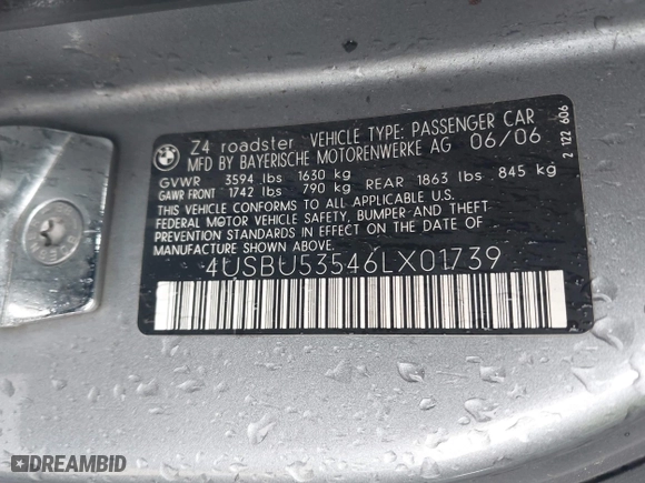 2006 BMW Z4 3.0si with VIN 4USBU53546LX01739, listed as a IAAI auction lot 41531608 with 79,376 mi miles. Bid and sale history available at carsss.com. Image 9.