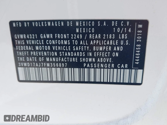 2015 Volkswagen Jetta SE with VIN 3VWD17AJ7FM356897, listed as a IAAI auction lot 42431731 with 121,184 mi miles and . Bid and sale history available at DreamBid. Image 9.