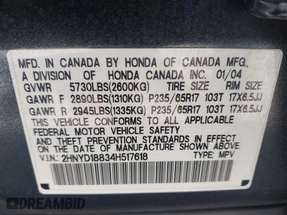 2004 Acura MDX Touring Pkg w/Navigation with VIN 2HNYD18834H517618, listed as a IAAI auction lot 42003807 with 186,555 mi miles. Bid and sale history available at carsss.com. Image 9.