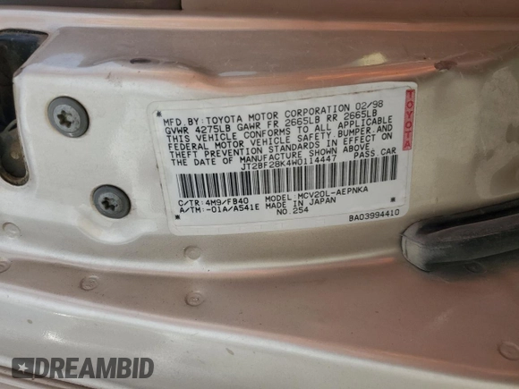 1998 Toyota Camry LE z VIN JT2BF28K4W0114447, wystawiony jako Copart lot #50846275 z przebiegiem 288 989 mil mil oraz Szkoda całkowita • Salvage title. Historia ofert i sprzedaży dostępna na DreamBid. Obrazek 12.