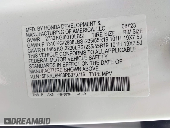 2023 Honda Odyssey Touring with VIN 5FNRL6H88PB079716, listed as a IAAI auction lot 42208628 with 26,679 mi miles and . Bid and sale history available at DreamBid. Image 9.