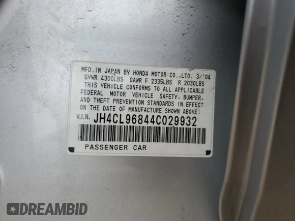2004 Acura TSX z VIN JH4CL96844C029932, wystawiony jako Copart lot #53518865 z przebiegiem 86 408 mil mil oraz Szkoda całkowita • Salvage title. Historia ofert i sprzedaży dostępna na DreamBid. Obrazek 14.