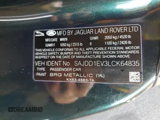 2020 Jaguar F-Type with VIN SAJDD1EV3LCK64835, listed as a Copart auction lot 43260145 with 18,157 mi miles and Salvage Title. Bid and sale history available at DreamBid. Image 12.