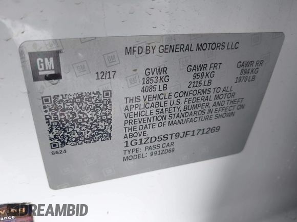 2018 Chevrolet Malibu LT with VIN 1G1ZD5ST9JF171269, listed as a IAAI auction lot 42103752 with 109,531 mi miles and . Bid and sale history available at DreamBid. Image 9.