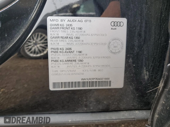 2014 Audi Q5 Progressiv with VIN WA1LFCFP7EA021666, listed as a Copart auction lot 61143874 with 168,565 mi miles and Clean title. Bid and sale history available at DreamBid. Image 13.