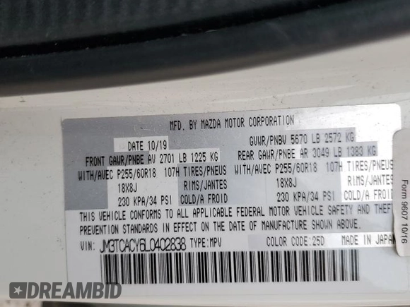 2020 Mazda CX-9 Touring with VIN JM3TCACY6L0402838, listed as a Copart auction lot 47088705 with Not provided miles and Salvage title. Bid and sale history available at DreamBid. Image 16.