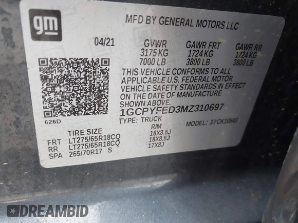 2021 Chevrolet Silverado 1500 LT Trail Boss with VIN 1GCPYFED3MZ310697, listed as a IAAI auction lot 41665486 with 50,335 mi miles and . Bid and sale history available at DreamBid. Image 9.