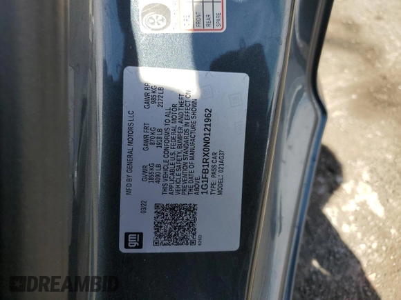 2022 Chevrolet Camaro 1LT z VIN 1G1FB1RX0N0121962, wystawiony jako Copart lot #50792885 z przebiegiem 59 681 mil mil oraz Szkoda całkowita • Salvage title. Historia ofert i sprzedaży dostępna na DreamBid. Obrazek 14.