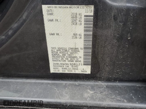 2019 Nissan Altima SL with VIN 1N4BL4EW2KN308125, listed as a Copart auction lot 46920815 with 84,391 mi miles and Salvage Title. Bid and sale history available at carsss.com. Image 12.