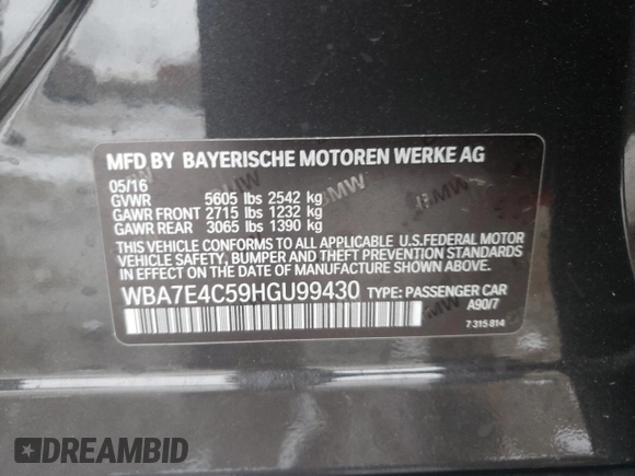 2017 BMW 7 Series 740i xDrive with VIN WBA7E4C59HGU99430, listed as a Copart auction lot 37789053 with 0 mi miles. Bid and sale history available at carsss.com. Image 12.