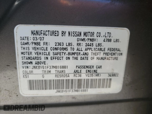2007 Infiniti G35 Sedan G35x with VIN JNKBV61F37M816881, listed as a Copart auction lot 52777285 with 0 mi miles and Salvage Title. Bid and sale history available at carsss.com. Image 12.