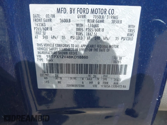 2008 Ford F-150 XL with VIN 1FTPX12V48KD18860, listed as a IAAI auction lot 42784432 with 190,445 mi miles and . Bid and sale history available at DreamBid. Image 9.