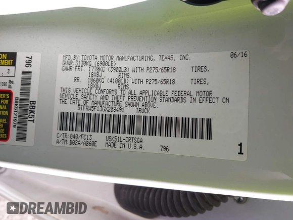 2016 Toyota Tundra SR5 with VIN 5TFRW5F13GX208491, listed as a IAAI auction lot 41690525 with 219,589 mi miles and . Bid and sale history available at DreamBid. Image 9.