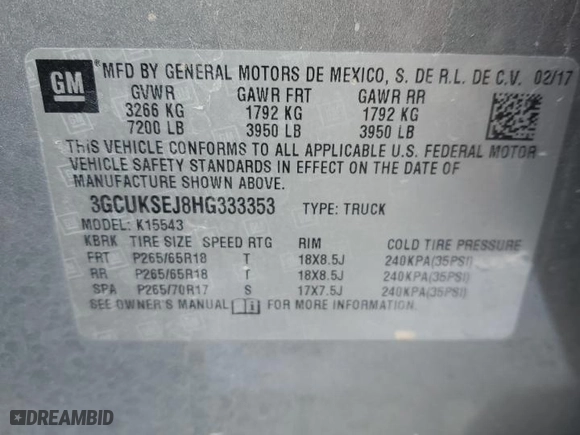 2017 Chevrolet Silverado 1500 LTZ with VIN 3GCUKSEJ8HG333353, listed as a Copart auction lot 84655294 with 0 mi miles and Salvage Title. Bid and sale history available at carsss.com. Image 14.