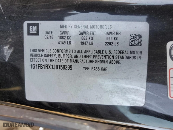 2018 Chevrolet Camaro 1LT with VIN 1G1FB1RX1J0158299, listed as a Copart auction lot 48950735 with 102,155 mi miles and Salvage Title. Bid and sale history available at carsss.com. Image 14.