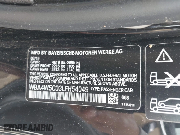 2020 BMW 4 Series 430i xDrive with VIN WBA4W5C03LFH54049, listed as a IAAI auction lot 42392996 with 57,347 mi miles and . Bid and sale history available at DreamBid. Image 9.