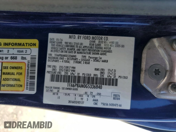 2016 Ford Mustang V6 with VIN 1FA6P8AM0G5336840, listed as a Copart auction lot 57711865 with 98,486 mi miles and Salvage title. Bid and sale history available at DreamBid. Image 12.