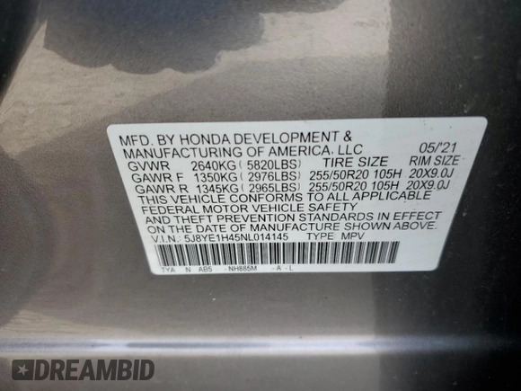 2022 Acura MDX w/Technology Package with VIN 5J8YE1H45NL014145, listed as a Copart auction lot 48190145 with 37,849 mi miles and Salvage Title. Bid and sale history available at carsss.com. Image 14.
