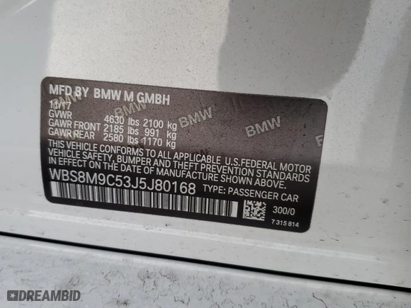 2018 BMW M3 with VIN WBS8M9C53J5J80168, listed as a Copart auction lot 44567905 with NaN miles and Salvage Title. Bid and sale history available at carsss.com. Image 12.