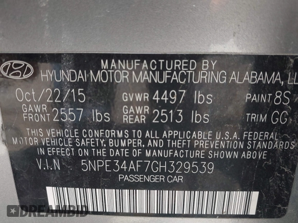 2016 Hyundai Sonata Sport with VIN 5NPE34AF7GH329539, listed as a IAAI auction lot 41961221 with 68,018 mi miles and . Bid and sale history available at carsss.com. Image 9.