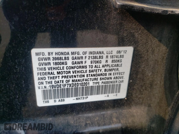 2013 Acura ILX Technology with VIN 19VDE1F7XDE010201, listed as a Copart auction lot 59670845 with 132,139 mi miles and Salvage title. Bid and sale history available at DreamBid. Image 12.