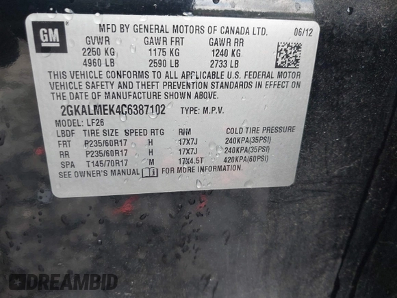 2012 GMC Terrain SLE-1 with VIN 2GKALMEK4C6387102, listed as a IAAI auction lot 42516097 with 216,195 mi miles and . Bid and sale history available at DreamBid. Image 9.