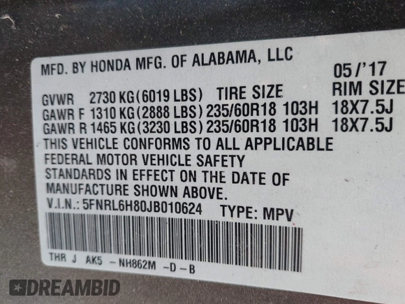 2018 Honda Odyssey Touring с VIN 5FNRL6H80JB010624, выставлен на аукционе IAAI как лот 42306968 с пробегом 107 749 миль миль и . История ставок и продаж доступна на DreamBid. Изображение 9.