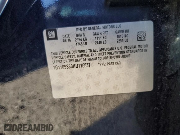 2017 Chevrolet Impala LT with VIN 1G1105S30HU116837, listed as a Copart auction lot 52631005 with Not Provided miles and Salvage Title. Bid and sale history available at DreamBid. Image 12.