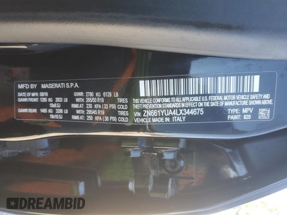 2020 Maserati Levante S with VIN ZN661YUA4LX344675, listed as a Copart auction lot 46323015 with Not provided miles and Salvage title. Bid and sale history available at DreamBid. Image 15.