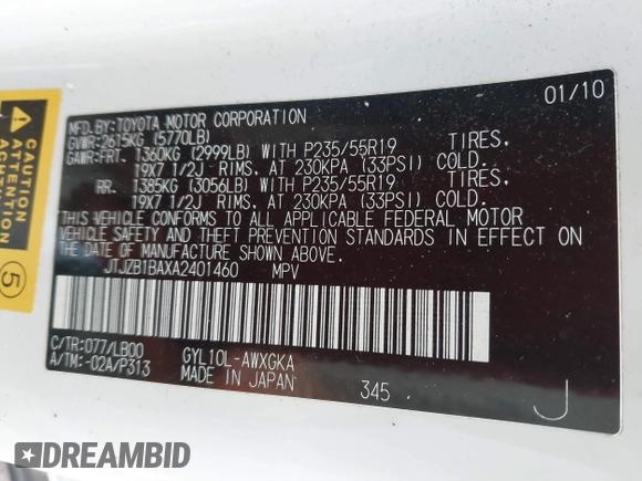 2010 Lexus RX 450h with VIN JTJZB1BAXA2401460, listed as a IAAI auction lot 42019502 with 189,345 mi miles and . Bid and sale history available at DreamBid. Image 9.