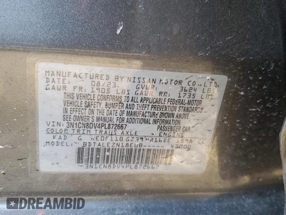 2023 Nissan Versa S z VIN 3N1CN8DV4PL872667, wystawiony jako Copart lot #87870005 z przebiegiem 17 702 mil mil oraz Szkoda całkowita • Salvage title. Historia ofert i sprzedaży dostępna na DreamBid. Obrazek 12.