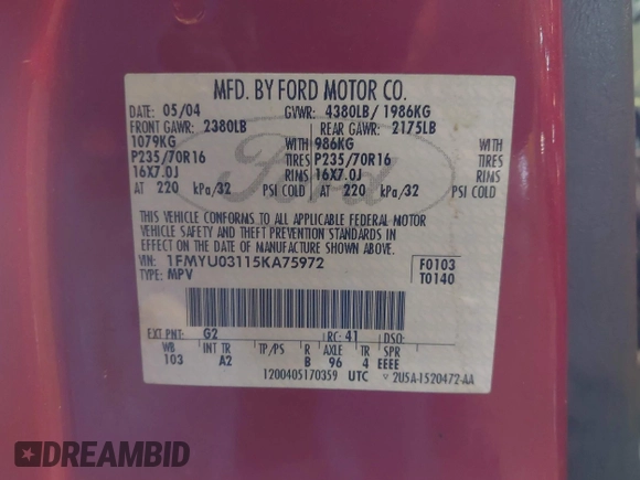 2005 Ford Escape XLT with VIN 1FMYU03115KA75972, listed as a IAAI auction lot 42058791 with 205,005 mi miles and . Bid and sale history available at DreamBid. Image 9.