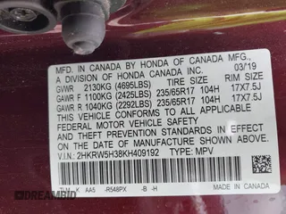 2019 Honda CR-V LX with VIN 2HKRW5H38KH409192, listed as a IAAI auction lot 41963242 with 38,114 mi miles. Bid and sale history available at carsss.com. Image 9.