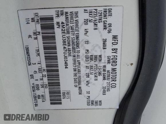 2007 Mercury Mountaineer Premier with VIN 4M2EU38E47UJ03494, listed as a Copart auction lot 66306274 with 220,250 mi miles and Salvage title. Bid and sale history available at DreamBid. Image 13.