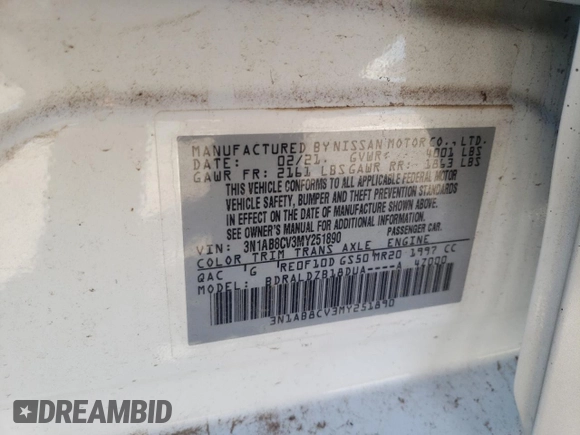 2021 Nissan Sentra SV with VIN 3N1AB8CV3MY251890, listed as a Copart auction lot 49070705 with 57,464 mi miles and Salvage Title. Bid and sale history available at carsss.com. Image 14.