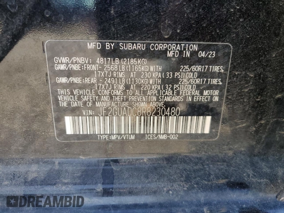 2024 Subaru Crosstrek Premium z VIN JF2GUADC8R8230480, wystawiony jako Copart lot #55782315 z przebiegiem 10 766 mil mil oraz Szkoda całkowita • Salvage title. Historia ofert i sprzedaży dostępna na DreamBid. Obrazek 12.