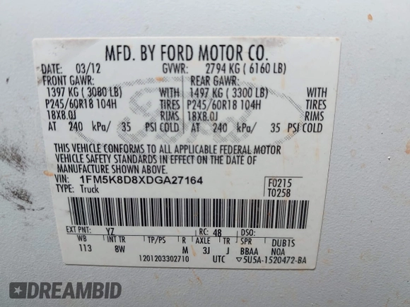 2013 Ford Explorer XLT with VIN 1FM5K8D8XDGA27164, listed as a IAAI auction lot 41949445 with 358,292 mi miles and . Bid and sale history available at DreamBid. Image 9.
