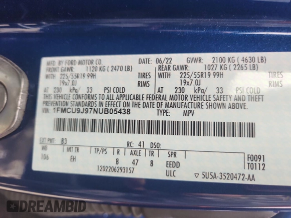 2022 Ford Escape Titanium with VIN 1FMCU9J97NUB05438, listed as a Copart auction lot 62132125 with 35,385 mi miles and Salvage title. Bid and sale history available at DreamBid. Image 13.