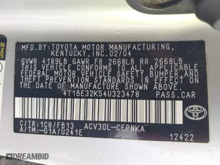 2004 Toyota Camry LE with VIN 4T1BE32K54U323478, listed as a IAAI auction lot 41725144 with 135,613 mi miles. Bid and sale history available at carsss.com. Image 9.