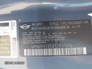 2005 MINI Convertible S with VIN WMWRH335X5TK55816, listed as a IAAI auction lot 42058070 with 105,208 mi miles and . Bid and sale history available at DreamBid. Image 9.
