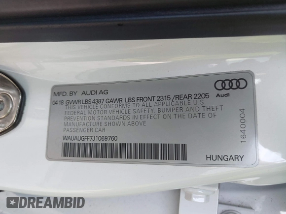 2018 Audi A3 Sedan Premium with VIN WAUAUGFF7J1069760, listed as a IAAI auction lot 41687581 with 70,980 mi miles. Bid and sale history available at carsss.com. Image 9.